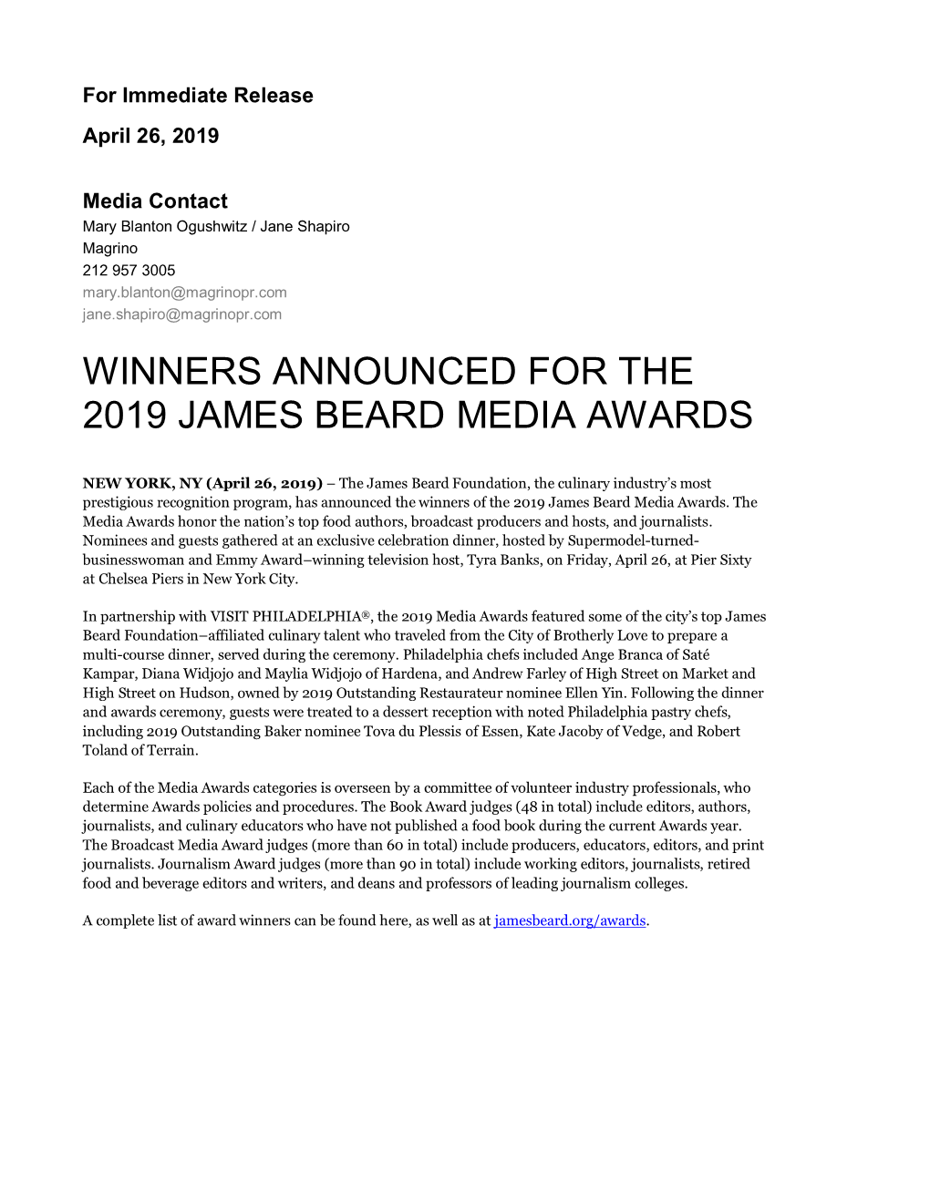 2019 James Beard Foundation Media Award Winners