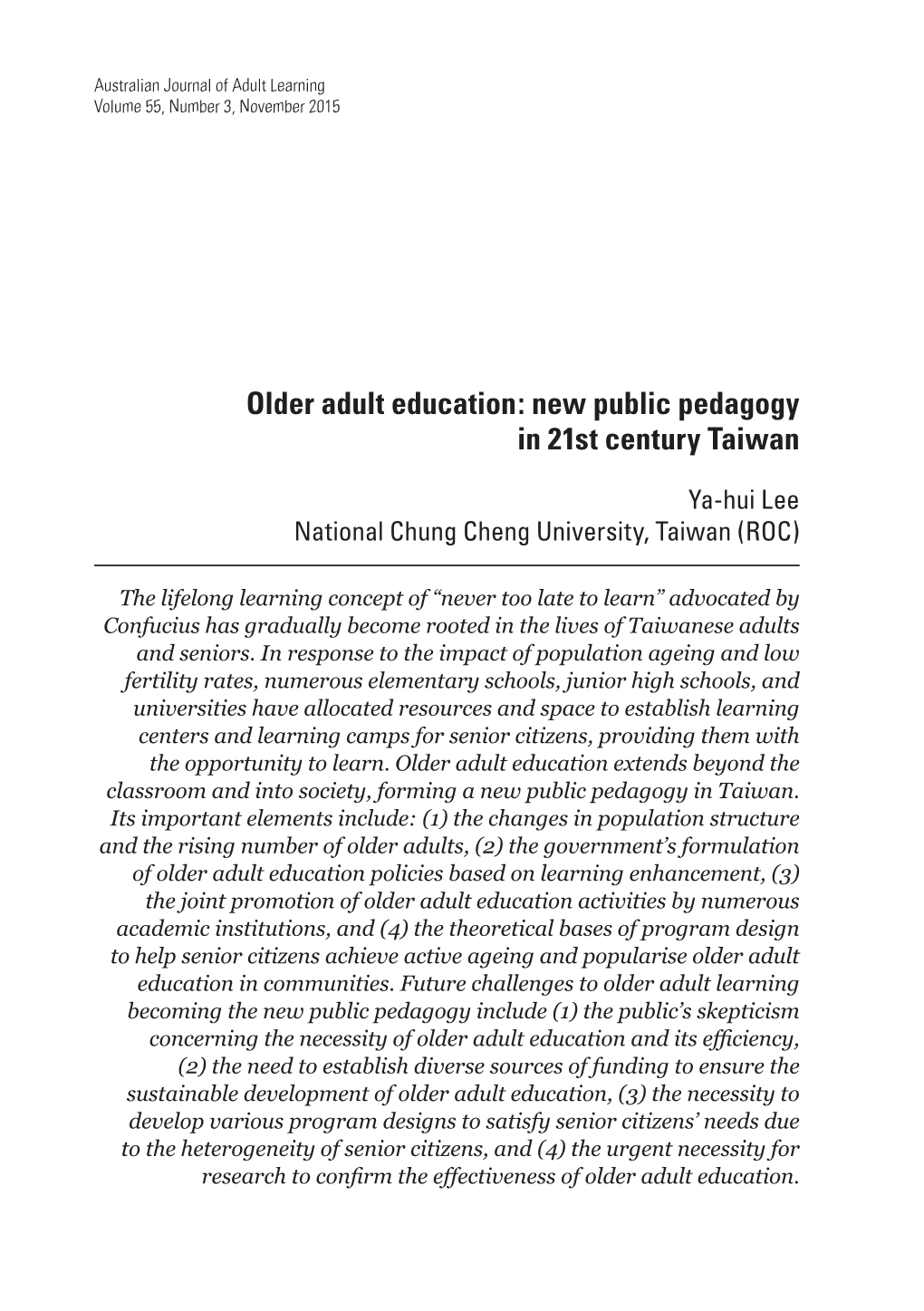 Older Adult Education: New Public Pedagogy in 21St Century Taiwan