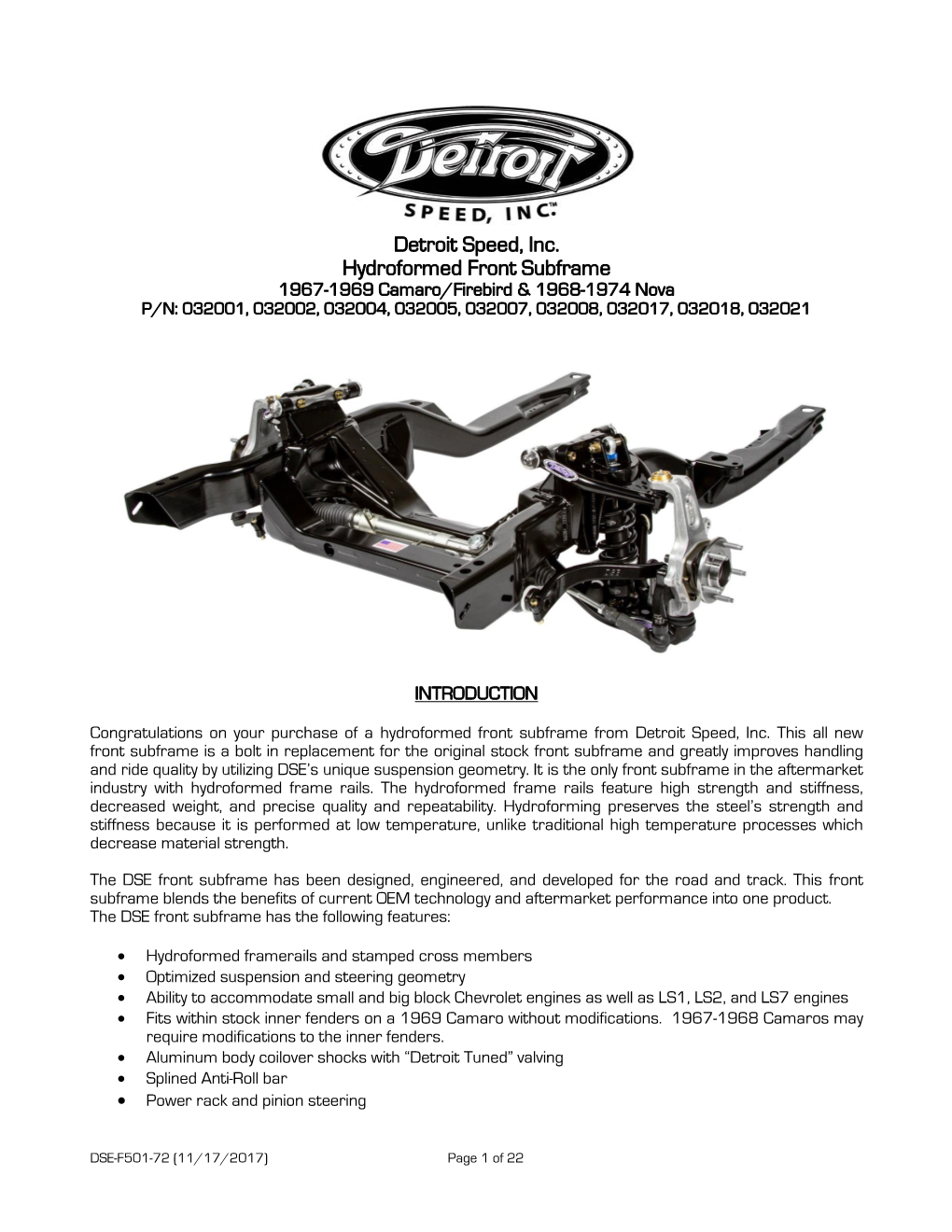 Detroit Speed, Inc. Hydroformed Front Subframe 1967-1969 Camaro/Firebird & 1968-1974 Nova P/N: 032001, 032002, 032004, 032005, 032007, 032008, 032017, 032018, 032021