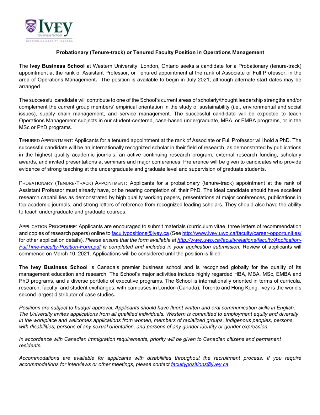 (Tenure-Track) Or Tenured Faculty Position in Operations Management