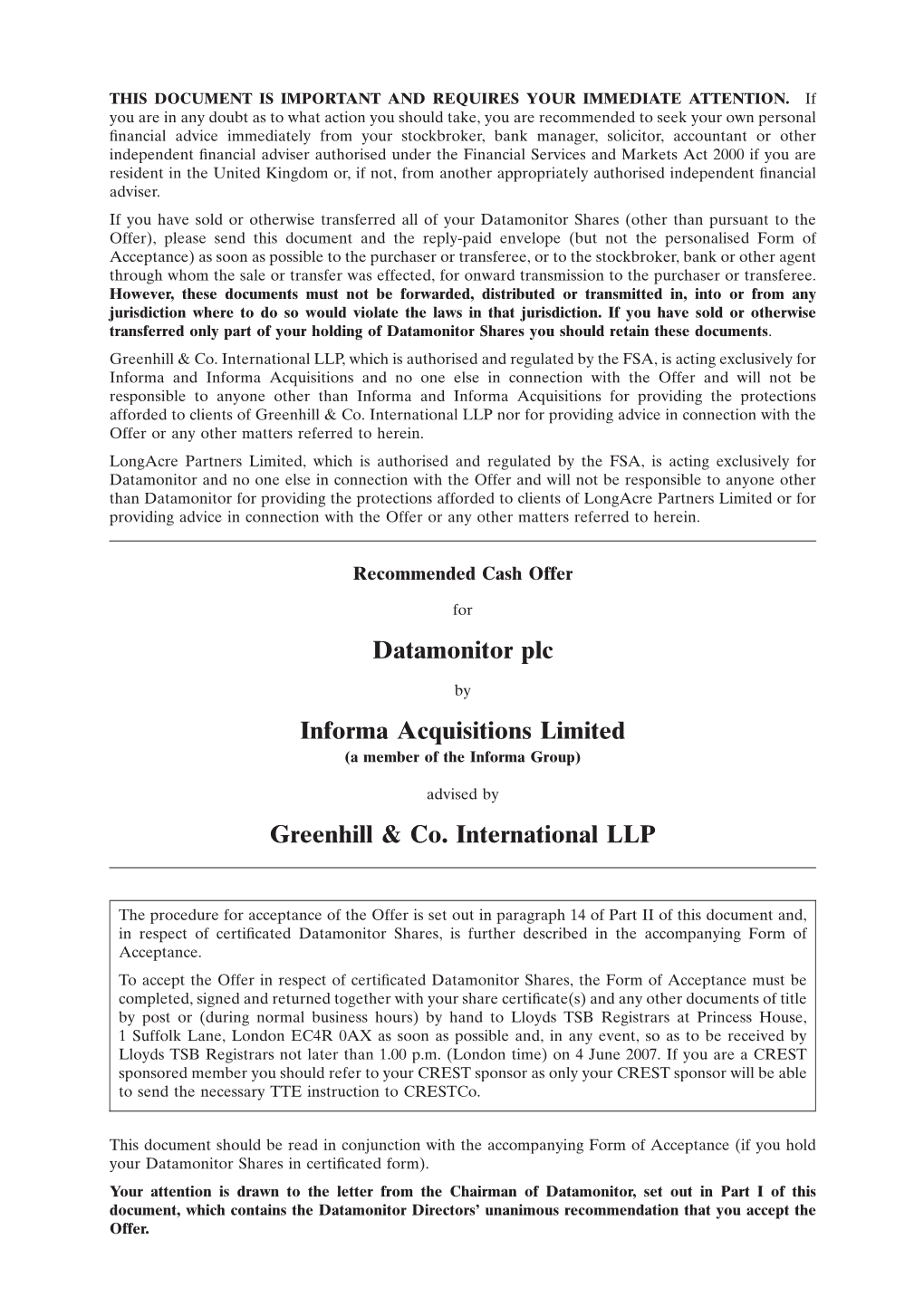 Datamonitor Plc Informa Acquisitions Limited Greenhill & Co