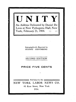 An Address Delivered by Daniel De Leon at New Pythagoras Hall, New York, February 21, 1908
