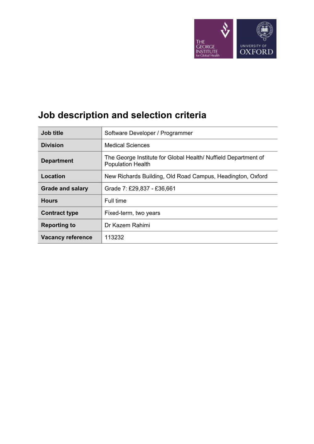 Job Description and Person Specification