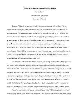 Thorstein Veblen and American Social Criticism Joseph Heath Department of Philosophy University of Toronto Thorstein Veblen Is P