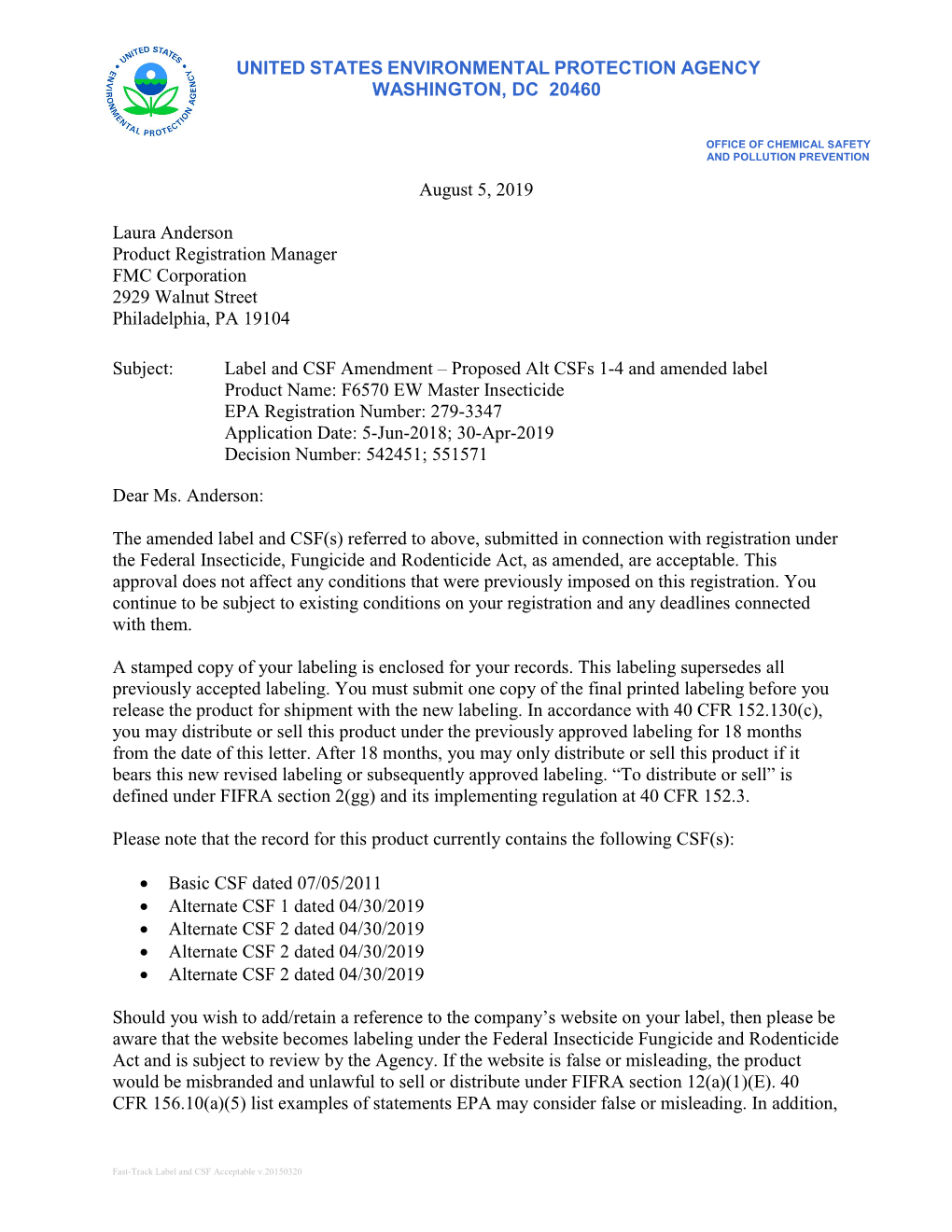 US EPA, Pesticide Product Label, F6570 EW MASTER INSECTICIDE