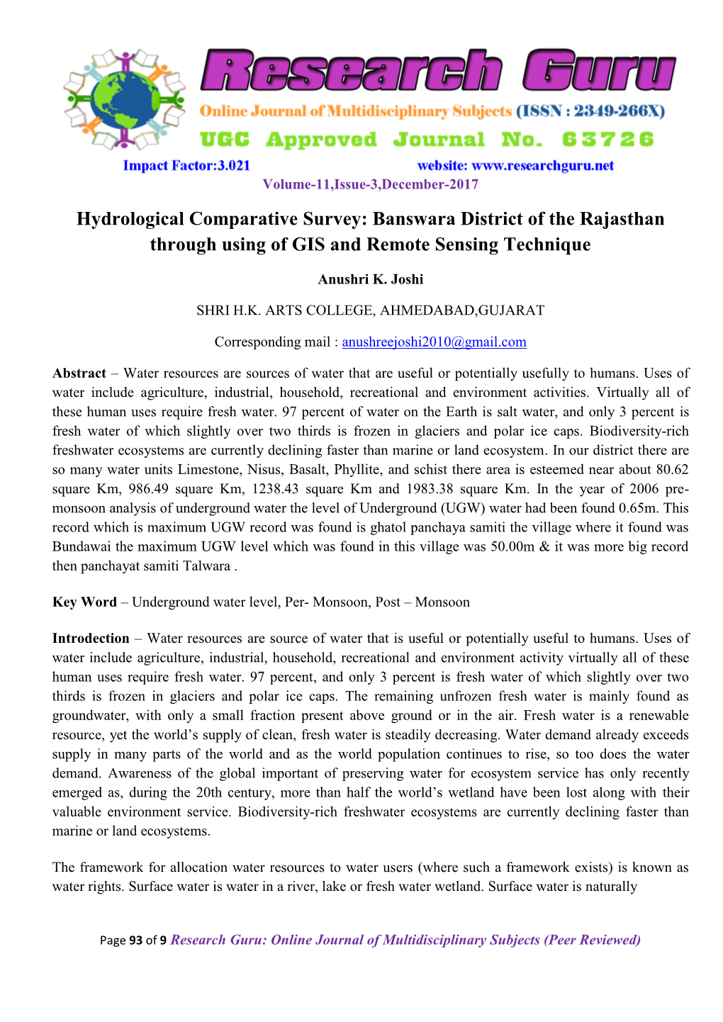 Banswara District of the Rajasthan Through Using of GIS and Remote Sensing Technique