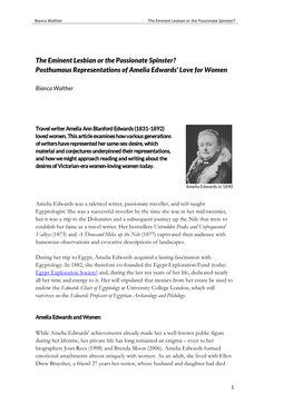 The Eminent Lesbian Or the Passionate Spinster? Posthumous Representations of Amelia Edwards' Love for Women