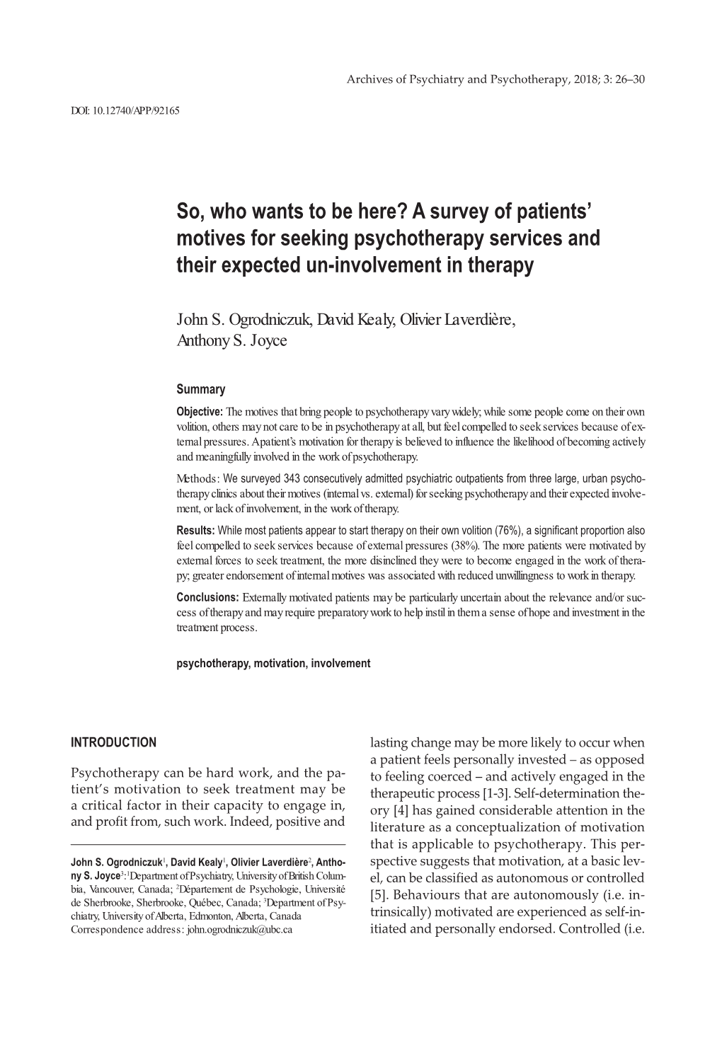 A Survey of Patients' Motives for Seeking Psychotherapy Services