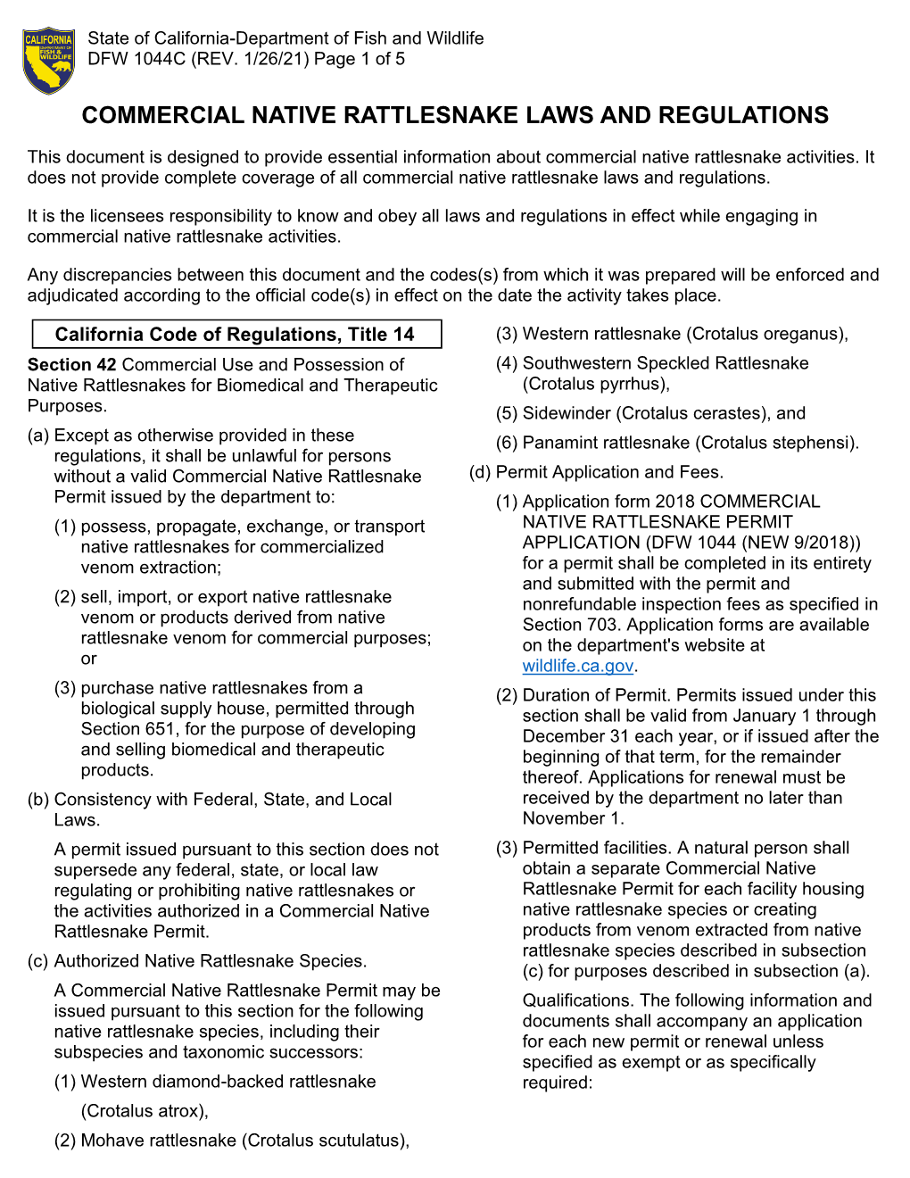 Commercial Native Rattlesnake Permit Laws and Regulations