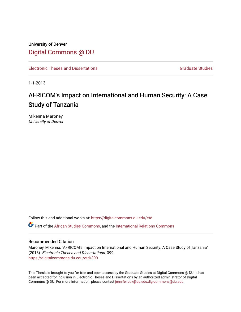 AFRICOM's Impact on International and Human Security: a Case Study of Tanzania