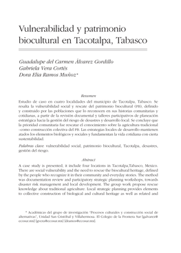 Vulnerabilidad Y Patrimonio Biocultural En Tacotalpa, Tabasco