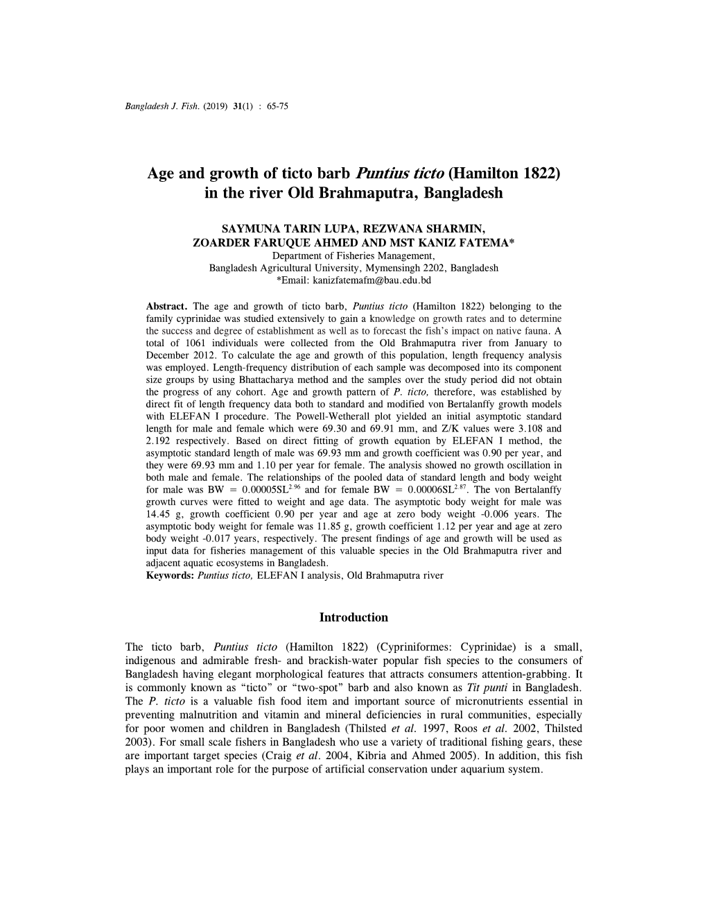 Age and Growth of Ticto Barb Puntius Ticto (Hamilton 1822) in the River Old Brahmaputra, Bangladesh