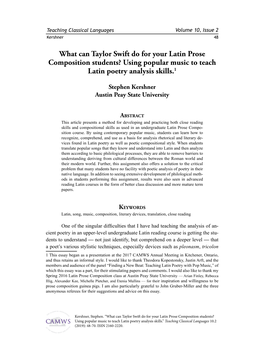 What Can Taylor Swift Do for Your Latin Prose Composition Students? Using Popular Music to Teach Latin Poetry Analysis Skills.1