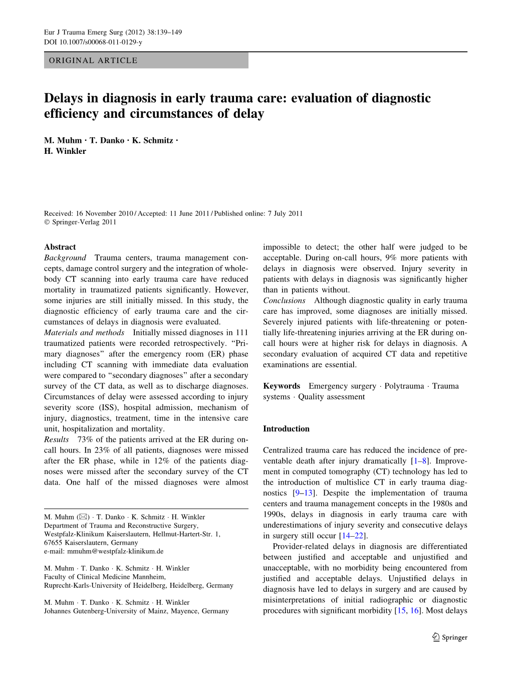 Delays in Diagnosis in Early Trauma Care: Evaluation of Diagnostic Efficiency and Circumstances of Delay