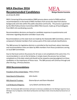 MEA Election 2016 Recommended Candidates As of July 20, 2016