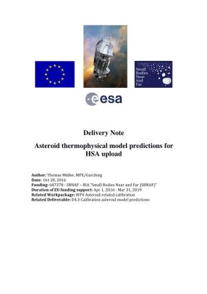 Delivery Note Asteroid Thermophysical Model Predictions for HSA Upload