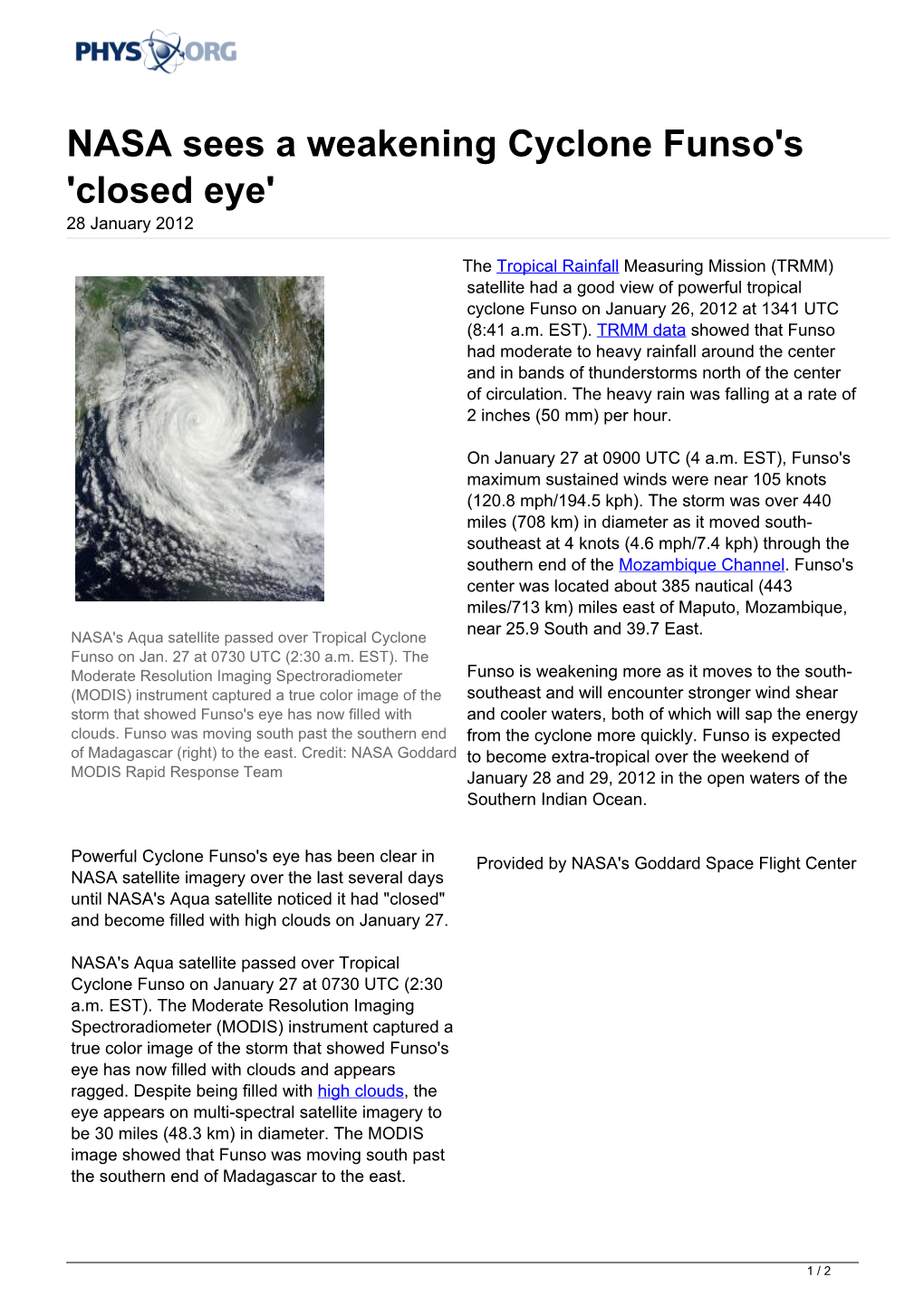 NASA Sees a Weakening Cyclone Funso's 'Closed Eye' 28 January 2012