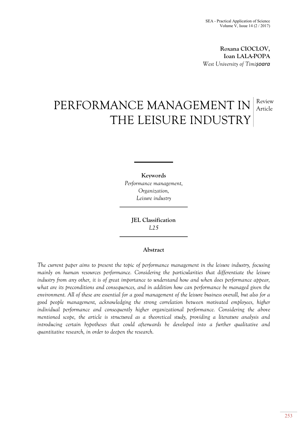 Performance Management in the Leisure Industry, Focusing Mainly on Human Resources Performance