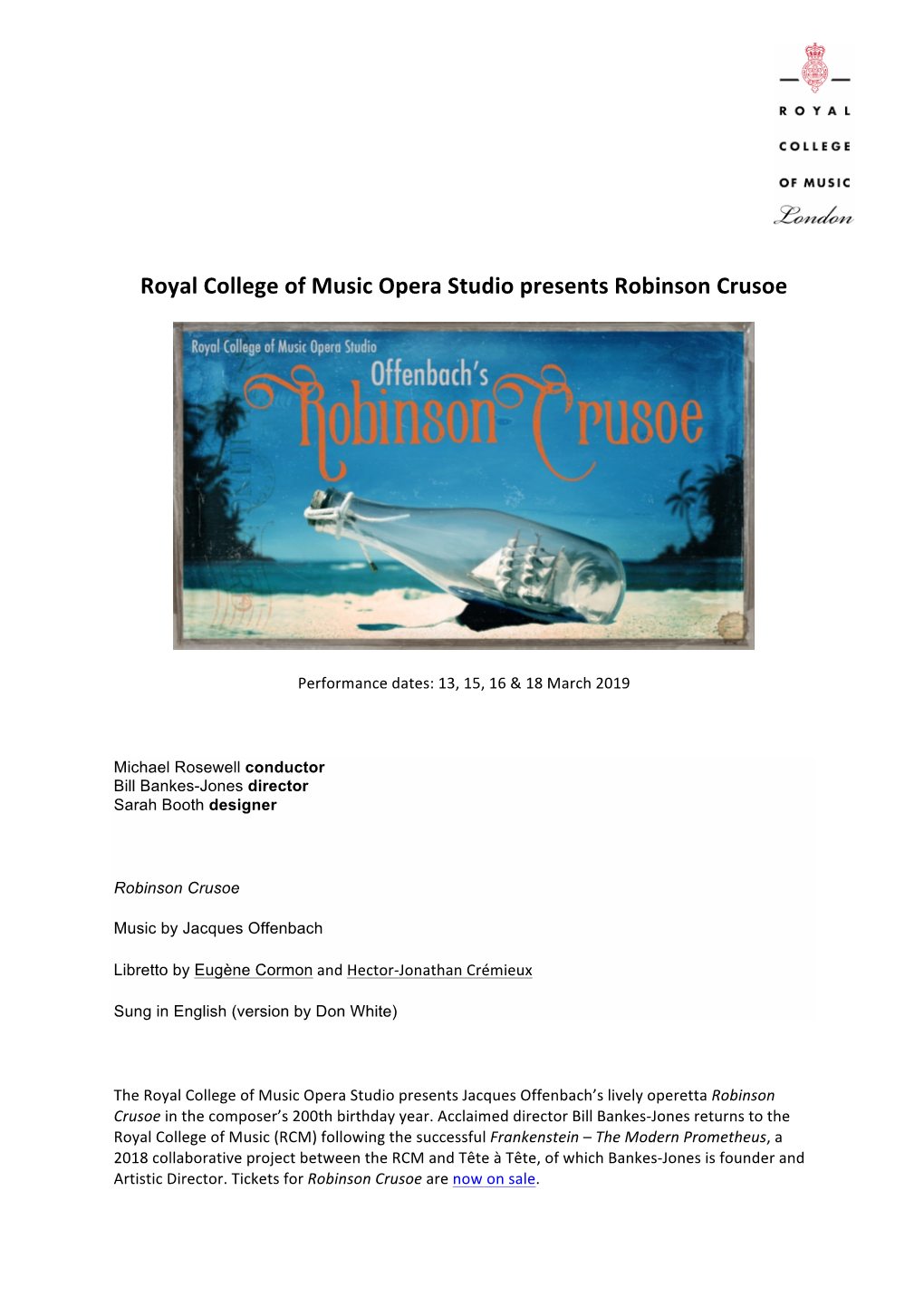 Royal College of Music Opera Studio Presents Robinson Crusoe