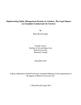 Implementing Safety Management Systems in Aviation: the Legal Impact on Canadian Commercial Air Carriers
