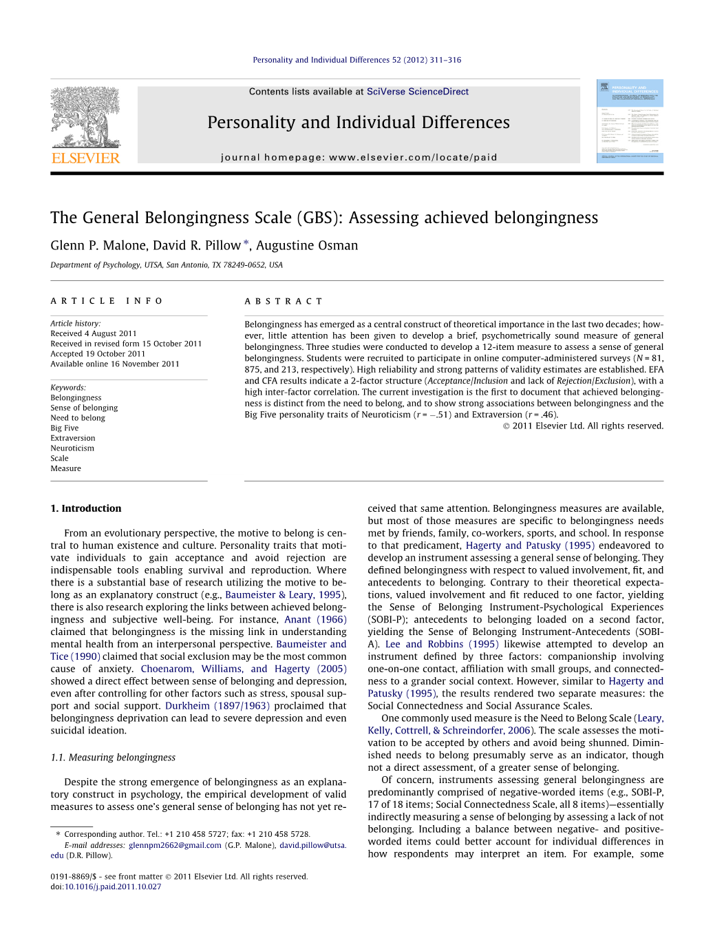 The General Belongingness Scale (GBS): Assessing Achieved Belongingness ⇑ Glenn P