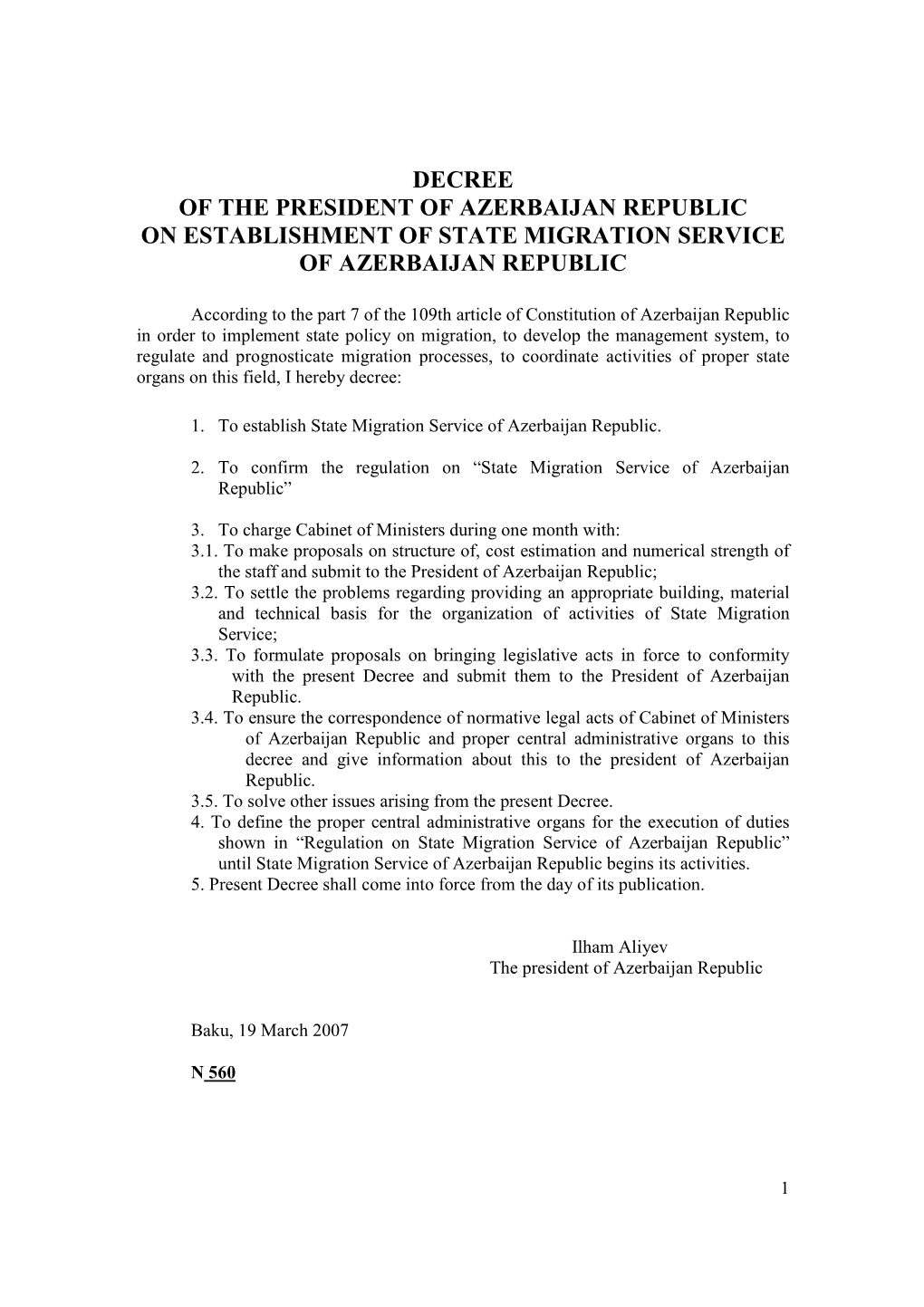 Decree of the President of Azerbaijan Republic on Establishment of State Migration Service of Azerbaijan Republic