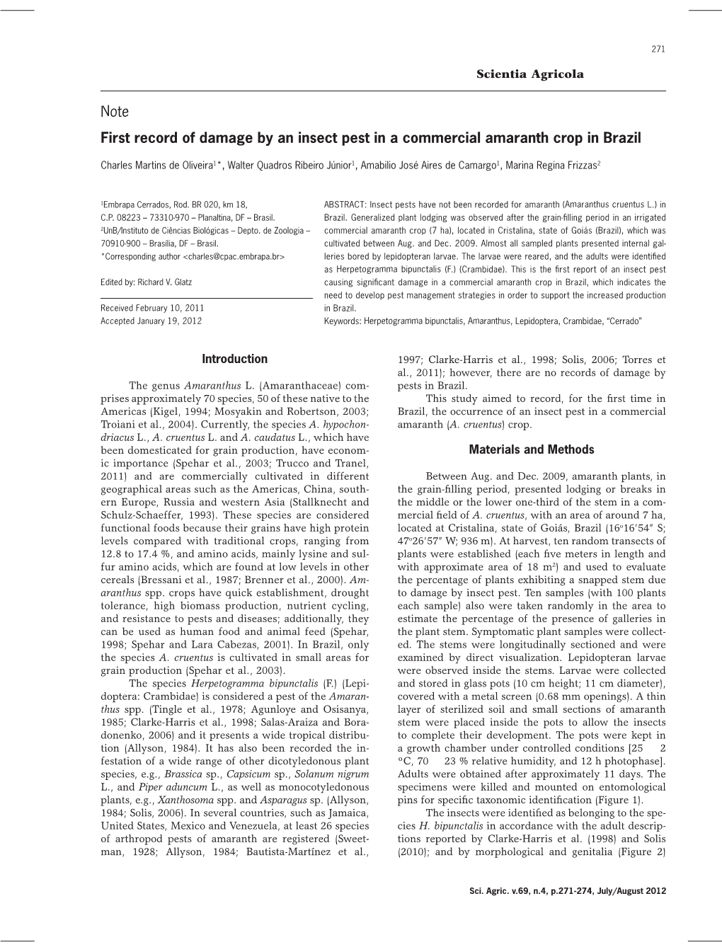 First Record of Damage by an Insect Pest in a Commercial Amaranth Crop in Brazil