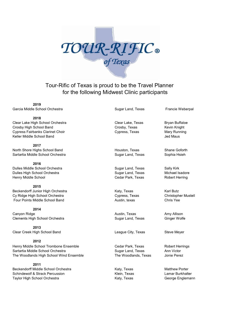 Tour-Rific of Texas Is Proud to Be the Travel Planner for the Following Midwest Clinic Participants