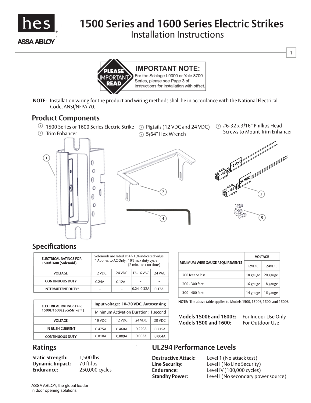 1500 Series and 1600 Series Electric Strikes Installation Instructions