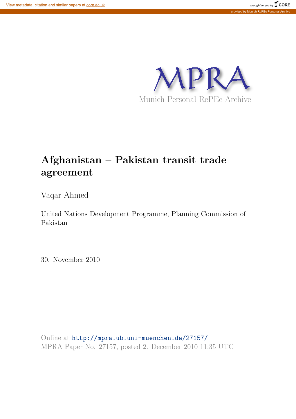 Afghanistan – Pakistan Transit Trade Agreement