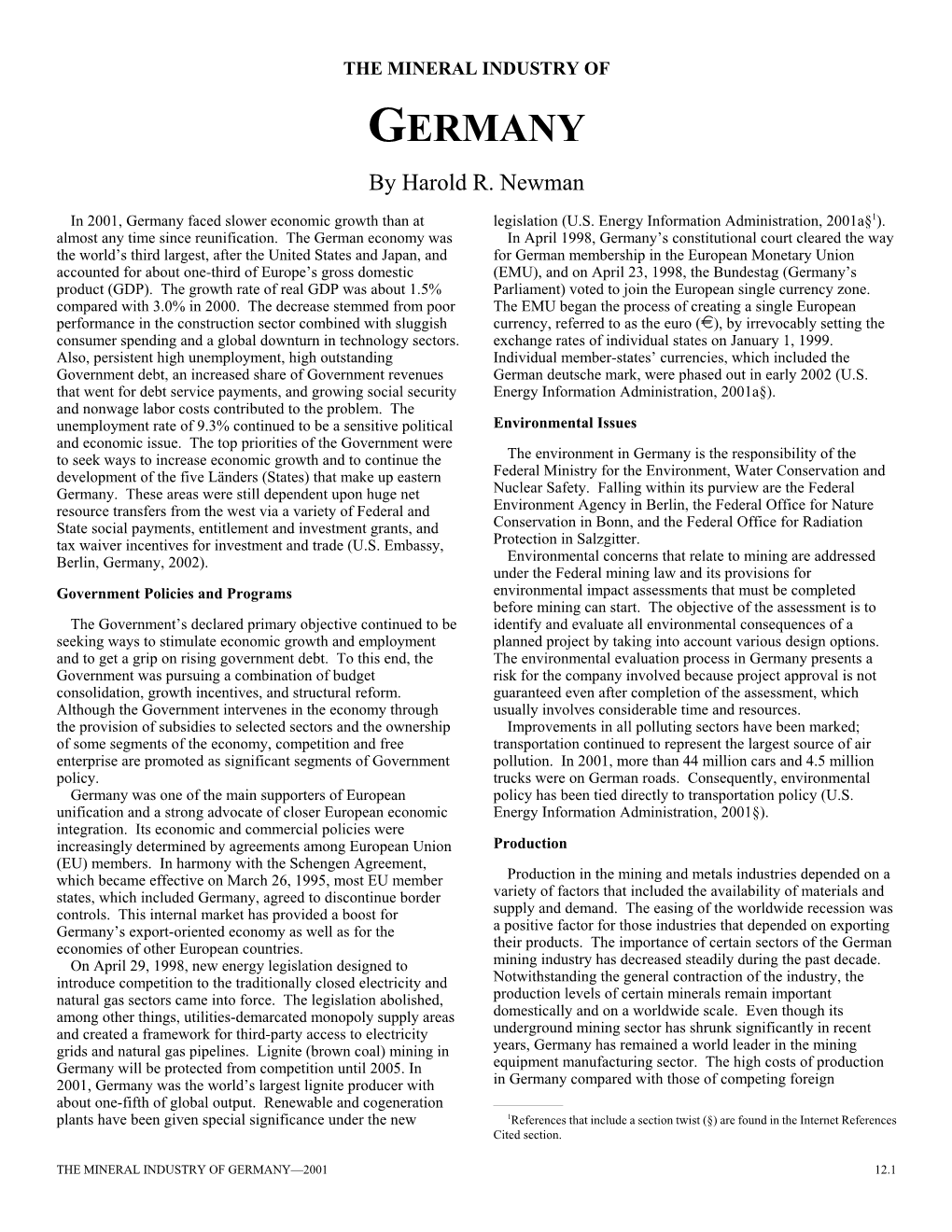 The Mineral Industry of Germany in 2001