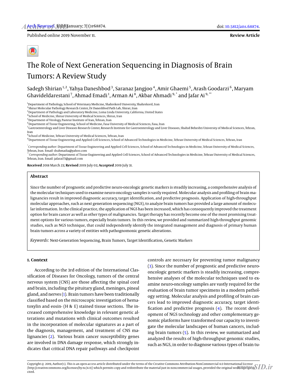 The Role of Next Generation Sequencing in Diagnosis of Brain Tumors: a Review Study