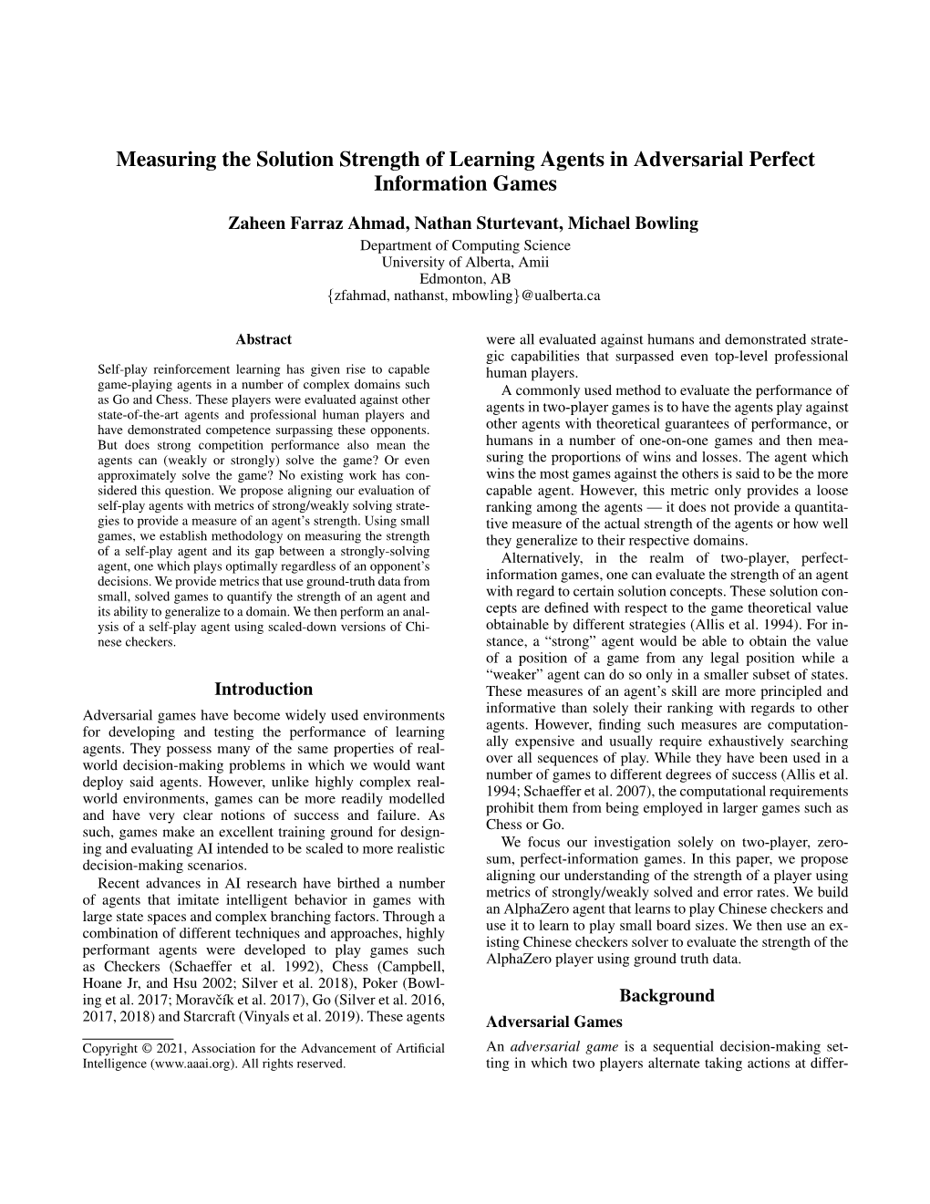 Measuring the Solution Strength of Learning Agents in Adversarial Perfect Information Games