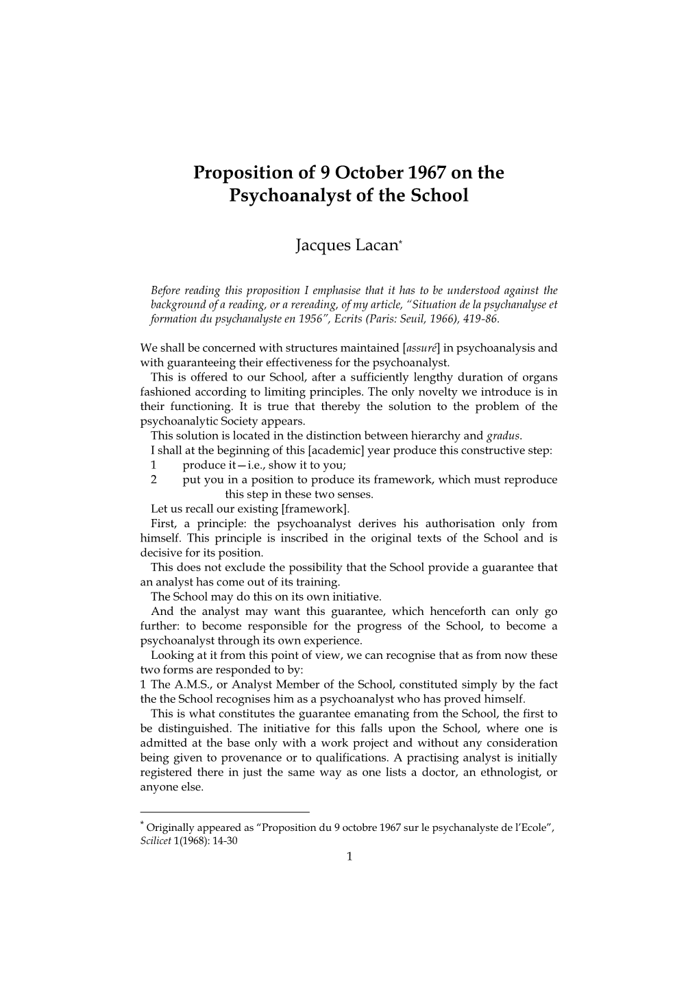 Proposition of 9 October 1967 on the Psychoanalyst of the School