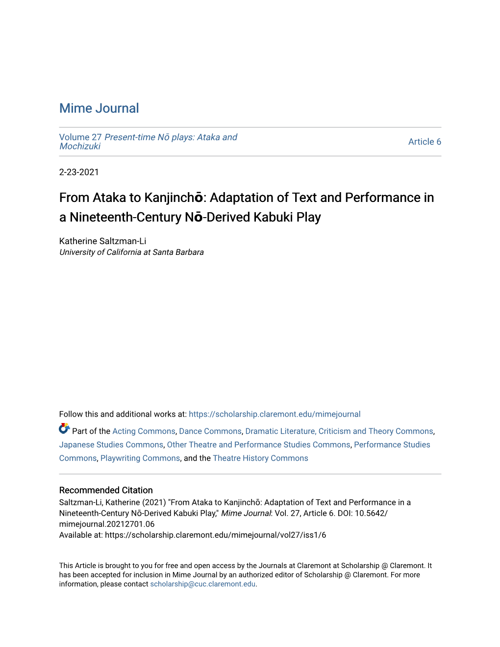 From Ataka to Kanjinchō: Adaptation of Text and Performance in a Nineteenth-Century Nō-Derived Kabuki Play