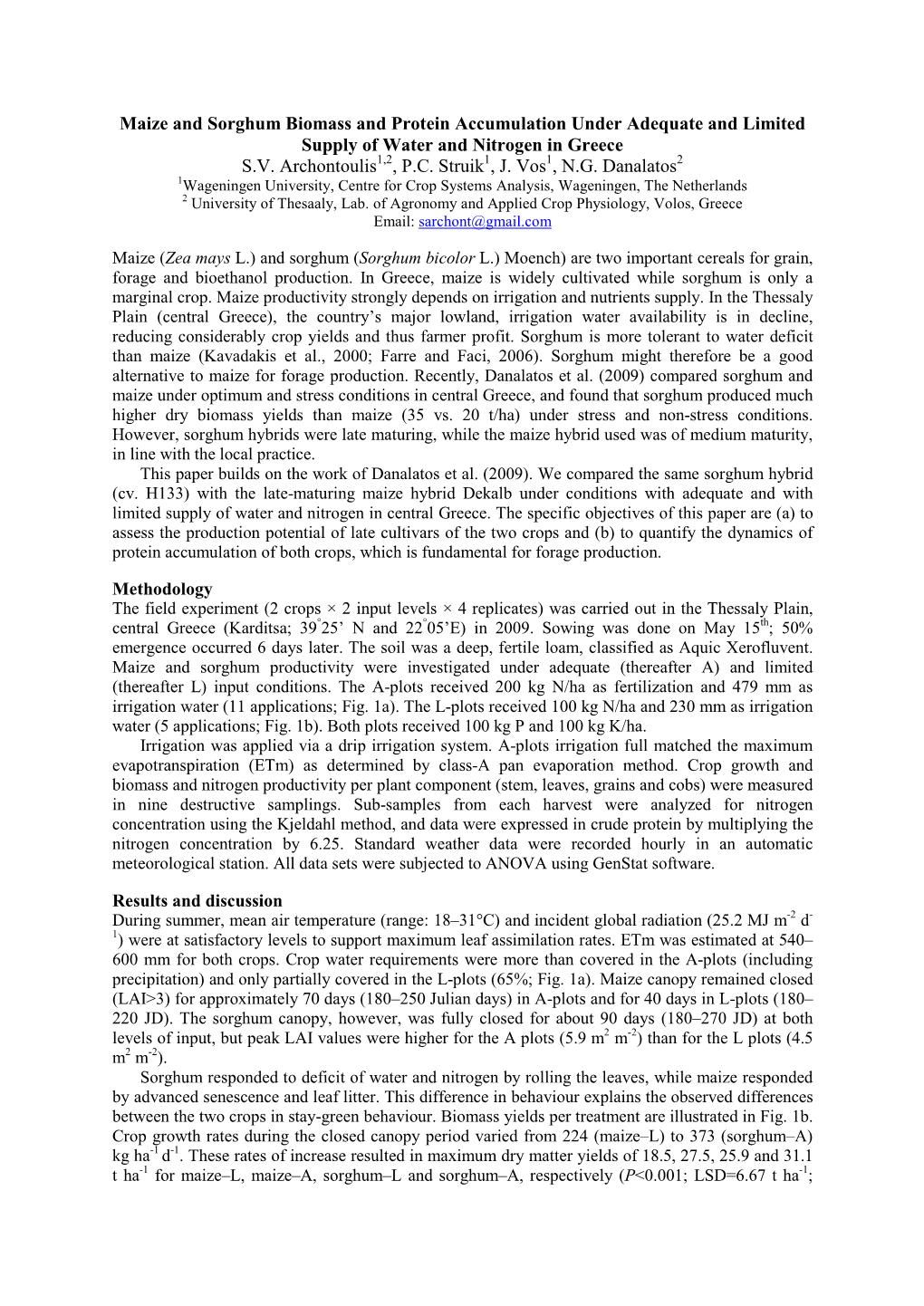 Maize and Sorghum Biomass and Protein Accumulation Under Adequate and Limited Supply of Water and Nitrogen in Greece S.V