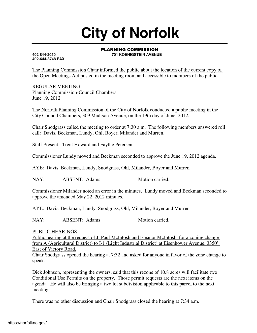 Planning Commission Minutes June 19, 2012