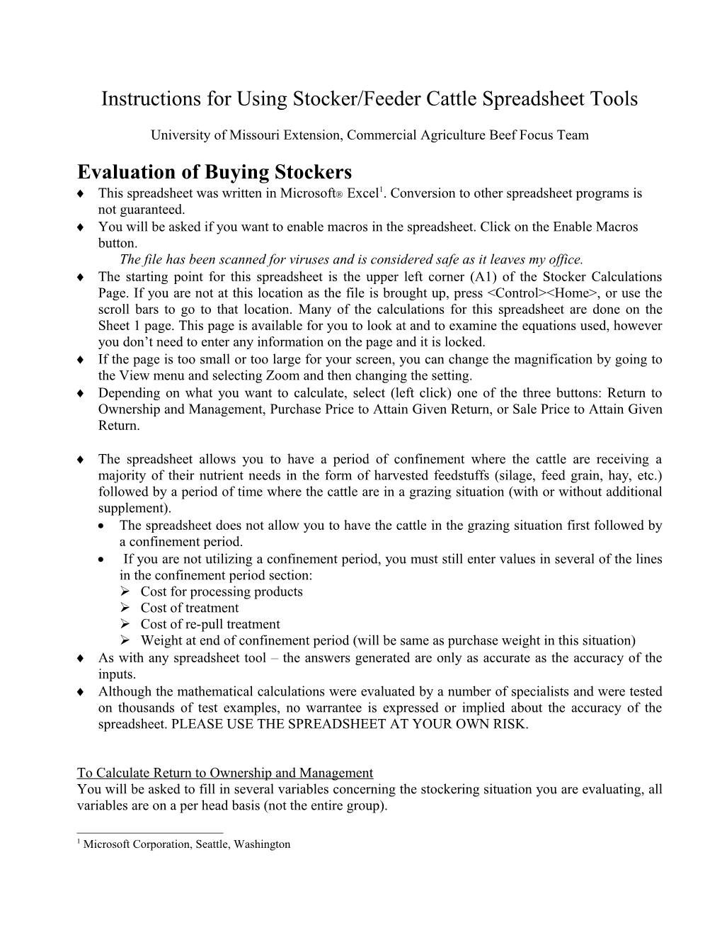 Instructions for Using Stocker/Feeder Cattle Spreadsheet Tools