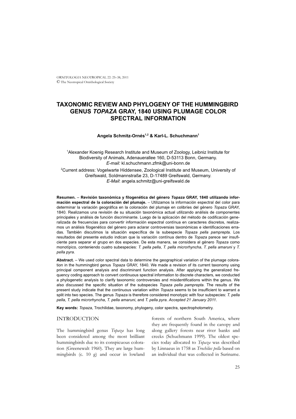 Taxonomic Review and Phylogeny of the Hummingbird Genus Topaza Gray, 1840 Using Plumage Color Spectral Information