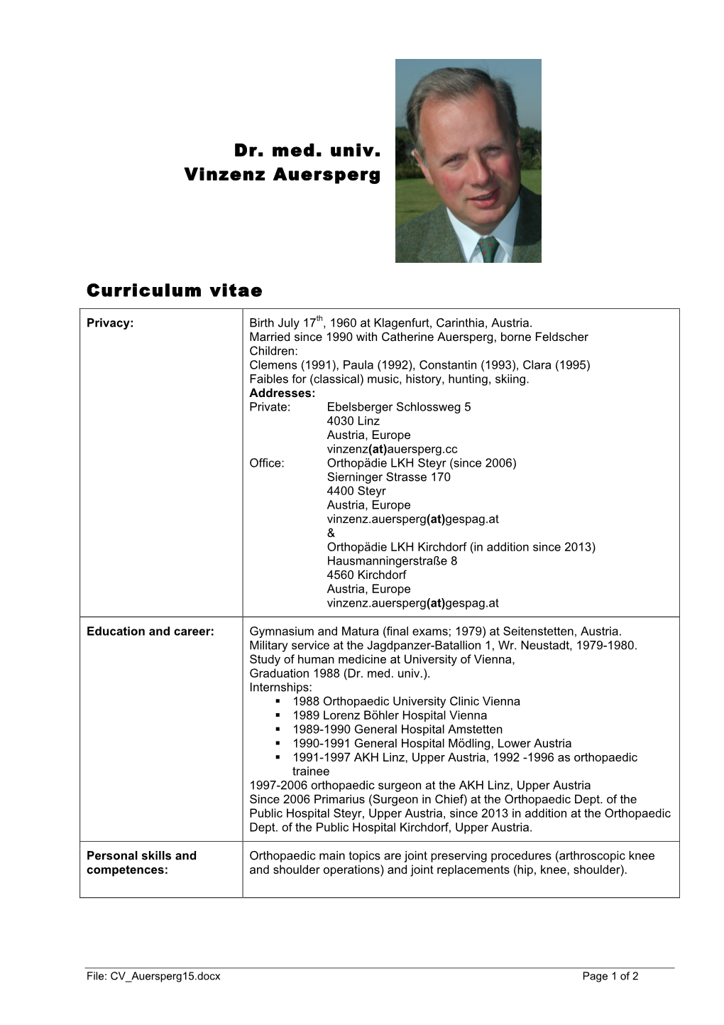 Dr. Med. Univ. Vinzenz Auersperg Curriculum Vitae