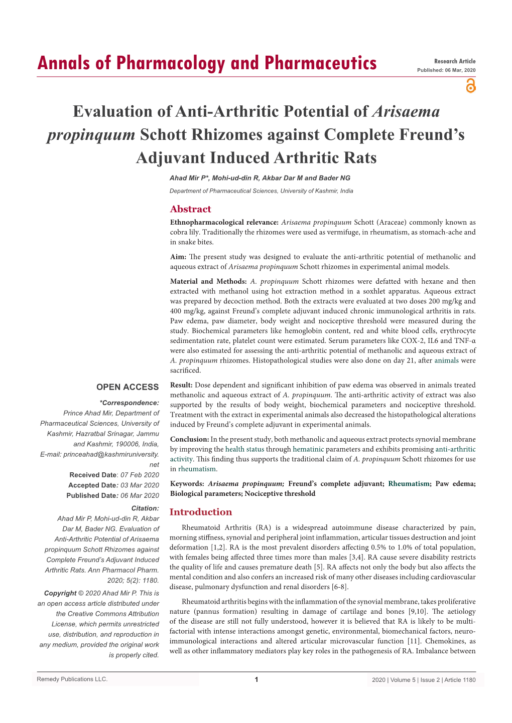 Evaluation of Anti-Arthritic Potential of Arisaema Propinquum Schott Rhizomes Against Complete Freund’S Adjuvant Induced Arthritic Rats