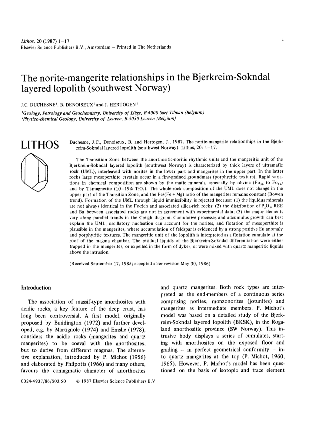 The Norite-Mangerite Relationships in the Bjerkreim-Sokndal Layered Lopolith (Southwest Norway)