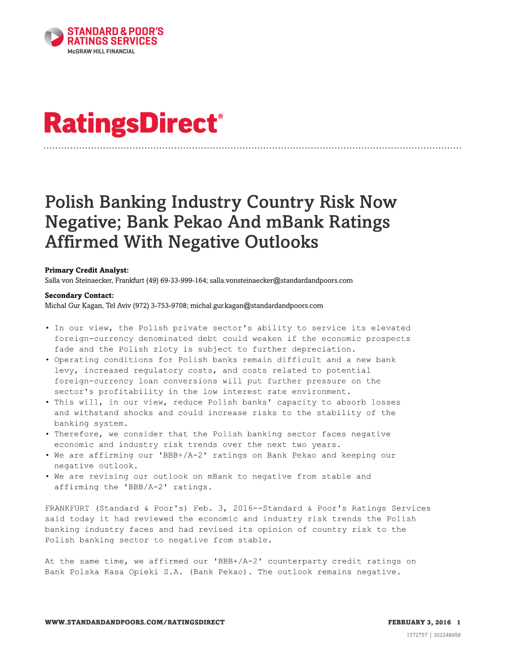 Bank Pekao and Mbank Ratings Affirmed with Negative Outlooks