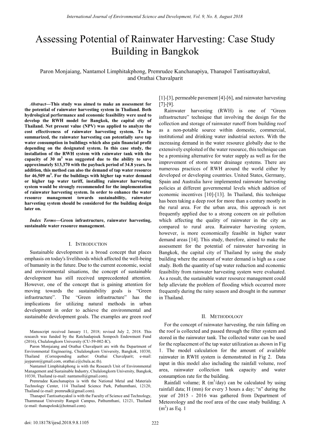 Assessing Potential of Rainwater Harvesting: Case Study Building in Bangkok