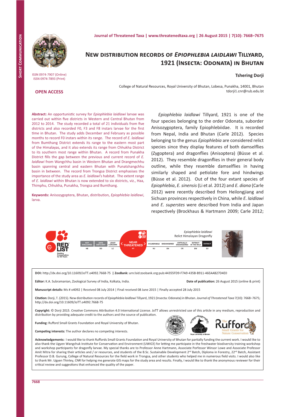 New Distribution Records of Epiophlebia Laidlawi Tillyard, 1921 (Insecta: Odonata) in Bhutan