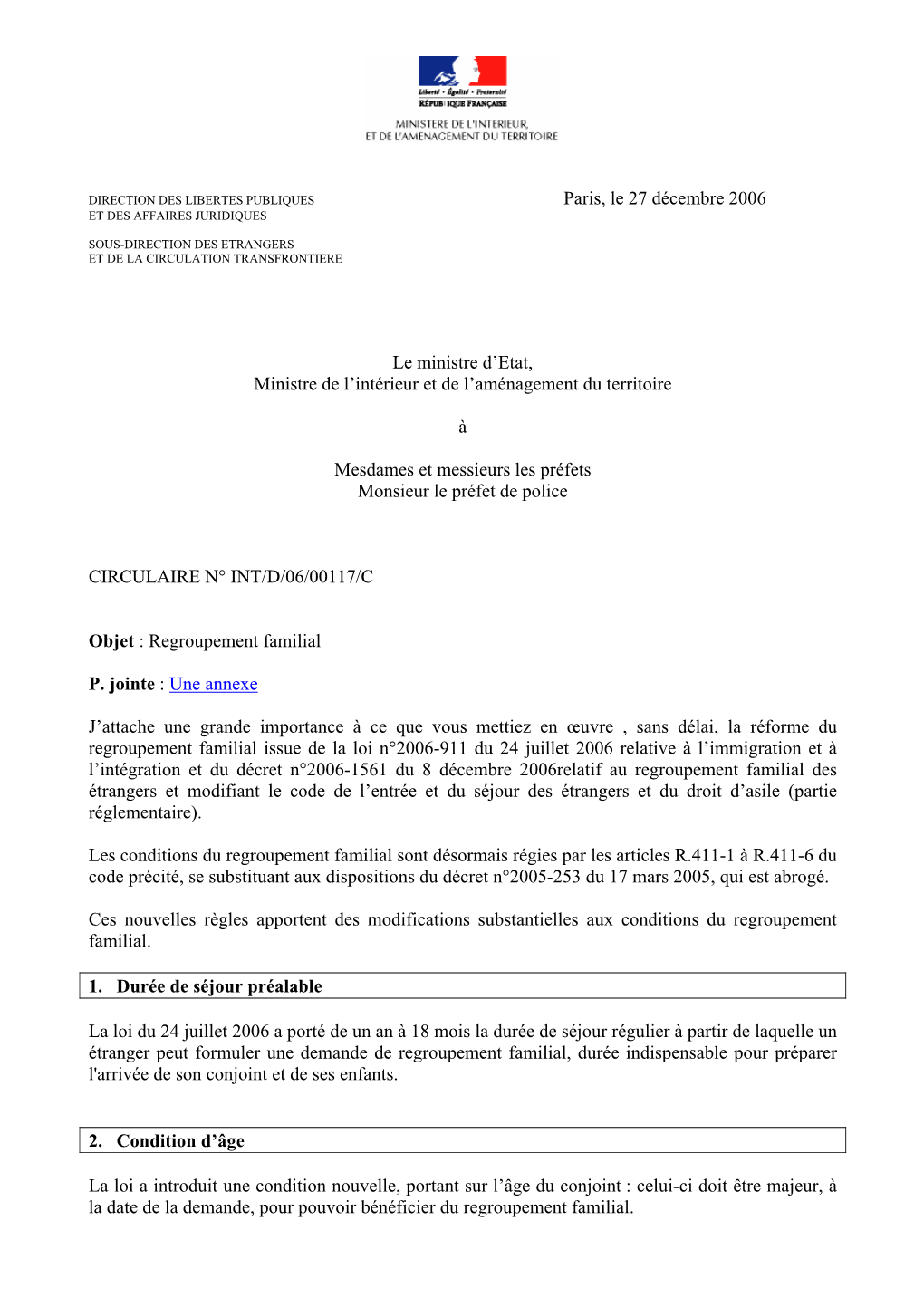 Paris, Le 27 Décembre 2006 ET DES AFFAIRES JURIDIQUES