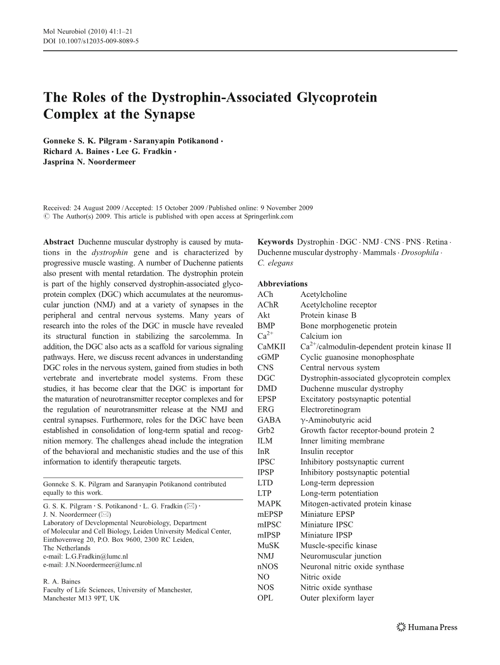 The Roles of the Dystrophin-Associated Glycoprotein Complex at the Synapse