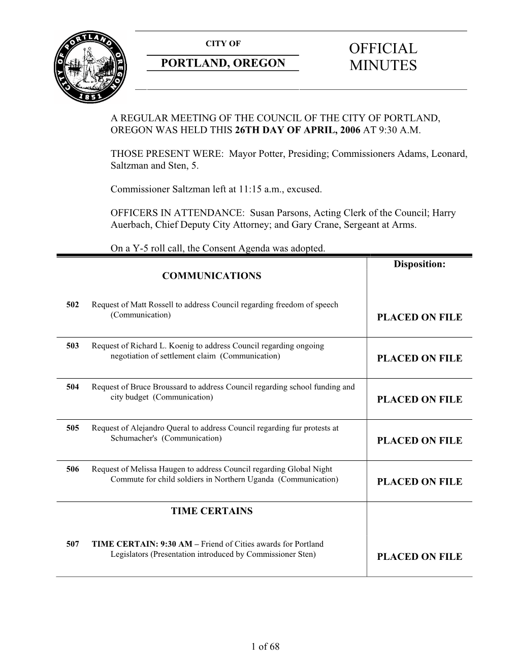 Portland City Council Agenda