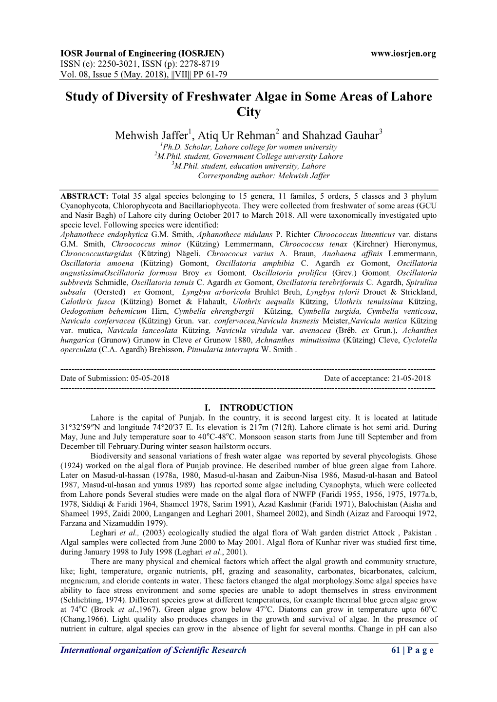 Study of Diversity of Freshwater Algae in Some Areas of Lahore City