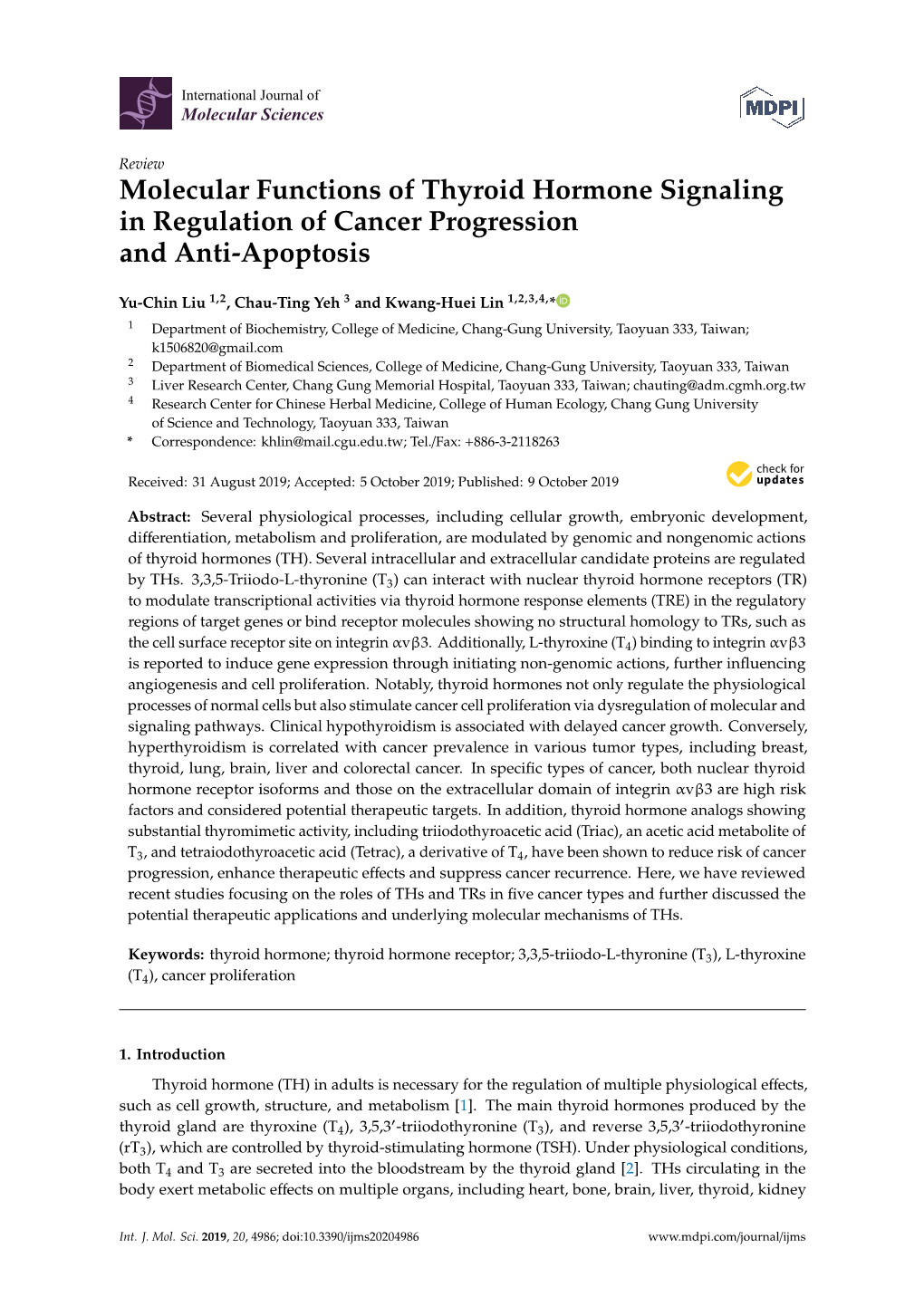 Molecular Functions of Thyroid Hormone Signaling in Regulation of Cancer Progression and Anti-Apoptosis